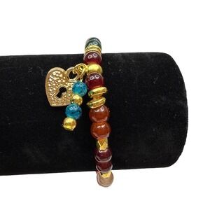 Boho Colorful Glass Gemstone Heart Charm Bracelet Gold Tone Stretch Band Wrist 7